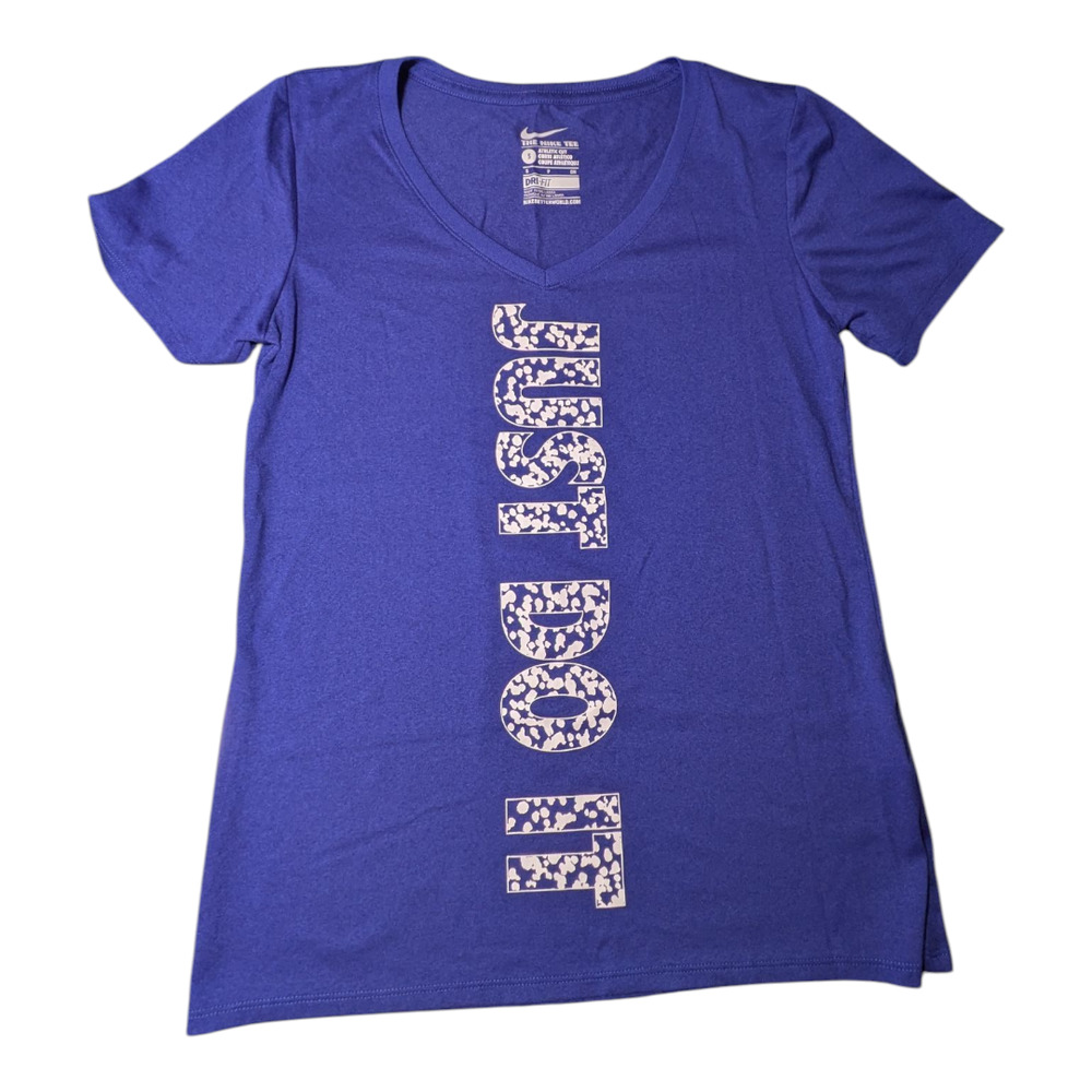 Women's Nike Tee DRIFIT T-shirt V-neck Royal Blue- White JUST DO IT - Size Small
